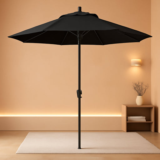 9' round Aluminum Market Umbrella, Crank Lift, Push Button Tilt, Black Pole, Black Olefin