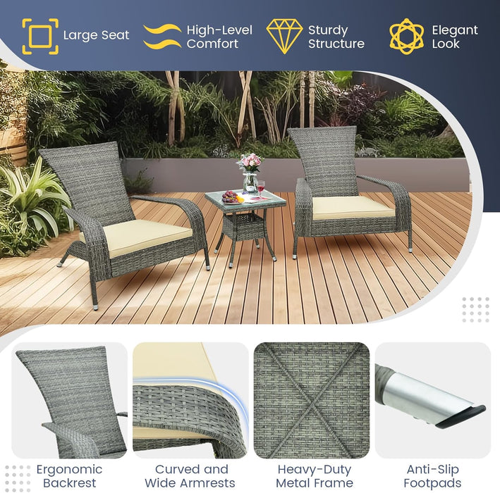 3-Piece Wicker Adirondack Set, Ergonomic Oversized Rattan Chairs W/Coffee Table, Comfy Seat Cushions, Tempered Glass Tabletop, Patio Wicker Conversation Set for Porch (Wicker, 3-Pc)