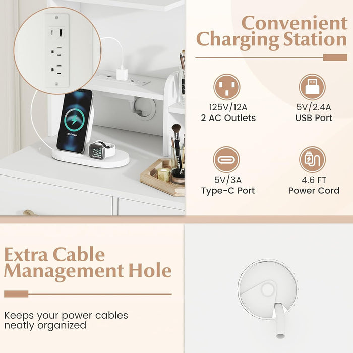 White Makeup Vanity Desk with Mirror & Charging Station, Modern Vanity Table with 4 Drawers, 3 Shelves, 1 Cabinet & Spacious Desktop, 40 Inch Dressing Table with Storage for Bedroom