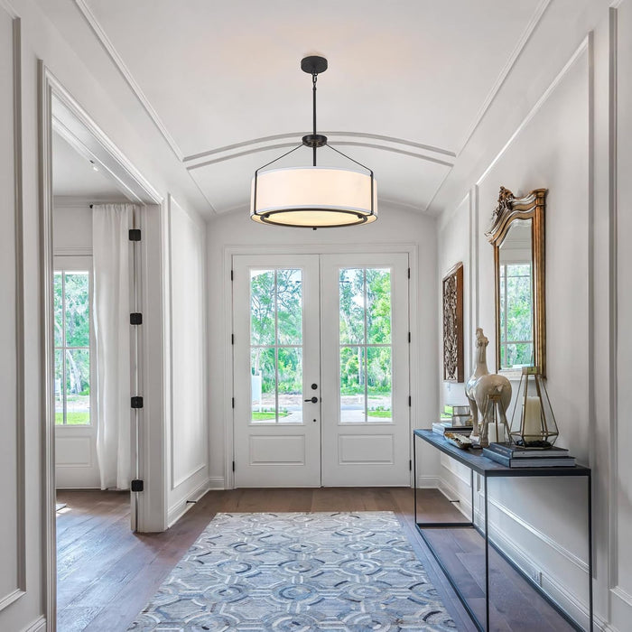 20Inches Drum Chandeliers, 5-Light Modern Farmhouse Pendant Light Fixture with White Linen Fabric Shade, Black round Adjustable Hanging Lights for Dining Room Bedroom Kitchen Foyer Entryway