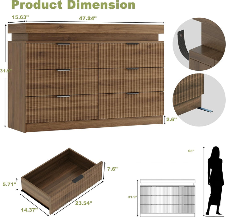 6 Drawer Dresser with LED Lights and Charging Station, 47" Wide Walnut Wood Fluted Dresser for Bedroom, Modern Chest of Drawers for Closet Organizer Cabinet for Living Room, Entryway, Hallway
