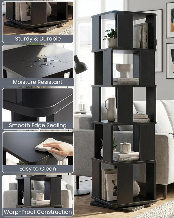 5-Tier Rotating Bookshelf Tower, 360° Spinning Modern Book Storage Bookcase, Stable Display Corner Book Shelf for Kids Room, Living Room, Bedroom, Home Office, Black