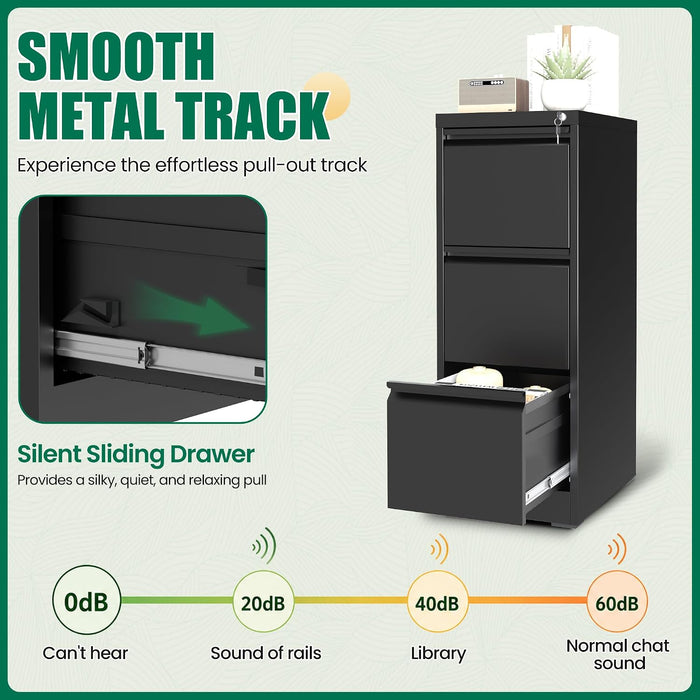 3 Drawer File Cabinet with Lock, Vertical Filing Cabinets for Home Office, Metal Storage Cabinets, Heavy Duty File Cabinet for Letter/Legal/A4/F4 Size Amsseble Required, Black