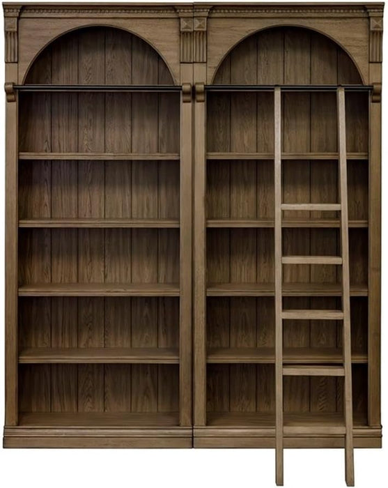 Traditional 8' Tall Wood Bookcase Wall with Ladder Office Storage Brown