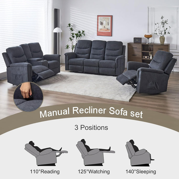 2 Pieces Recliner Sofa Set, Manual Sofa Set for Living Room Furniture Set, Recliner Sofa and Loveseat Sets, Reclining Loveseat with Console & Cup Houlders for Living Room