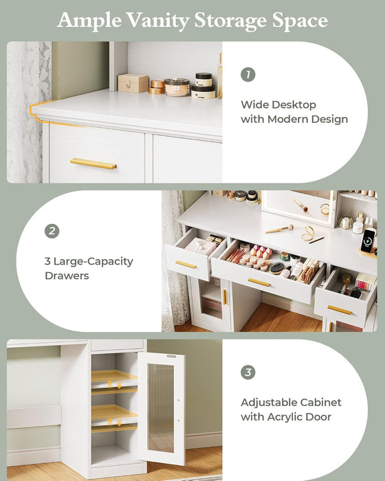 Vanity Desk with Mirror and Lights, 43.5" Makeup Vanity with 3 Adjustable Lighting Modes, Large Vanity Desk with Sliding Mirror with 4 Drawers & 2 Cabinets, Power Outlets, White
