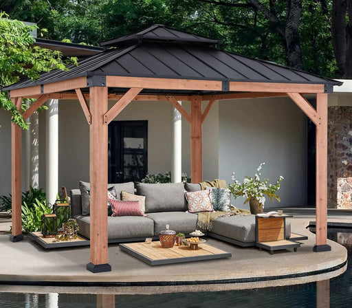 Wood Gazebo 11X11 - Outdoor Patio Wooden Gazebo with Hardtop Metal Double Roof for Garden, Backyard and Deck (Double Roof)