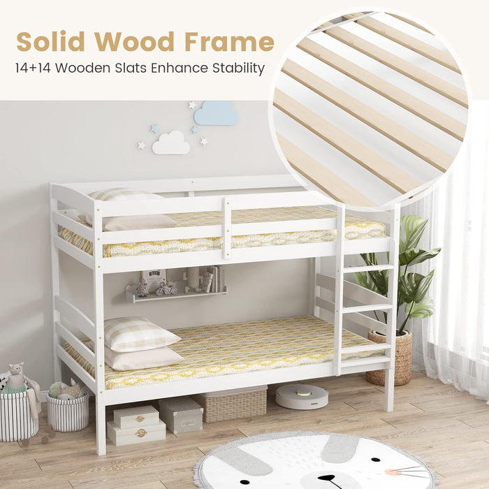 Bunk Bed Twin over Twin, Solid Wood Detachable Bed Frame with High Guardrails & Integrated Ladder, Wooden Slatted Bunk Bed for Kids & Teens, No Box Spring Needed, White
