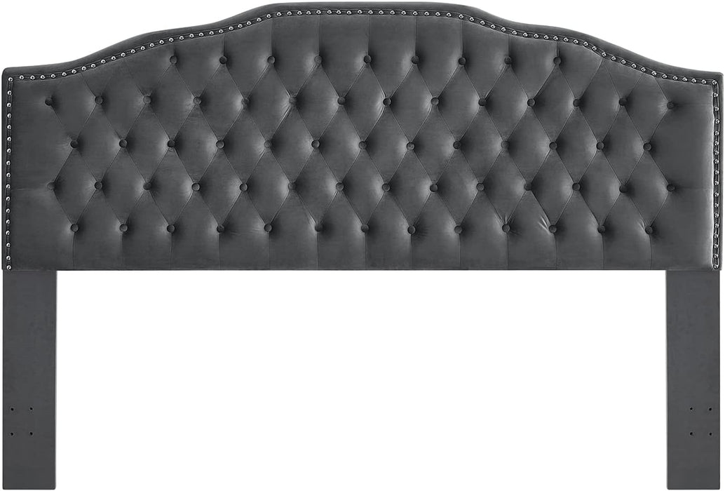 Upholstered Button Tufted King Size Headboard with Nailhead Trim, Soft Velvet Fabric Headboard King/Cal King Size -Dark Gray