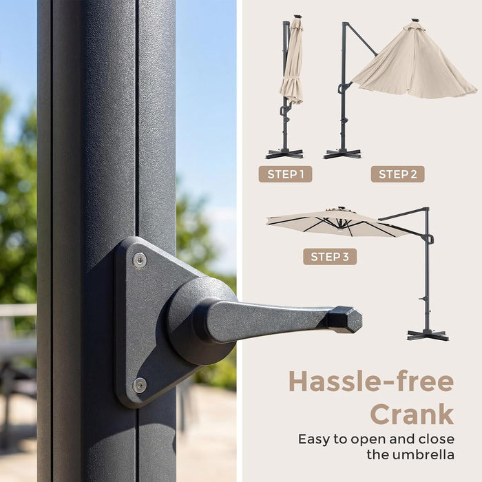 10 FT Solar Patio Umbrella with Base Included, Cantilever Offset Outdoor Umbrella with 35 LED Lights & Center Light, 360° Rotation, Aluminum Pole, 8 Heavy-Duty Ribs for Yard Pool Deck