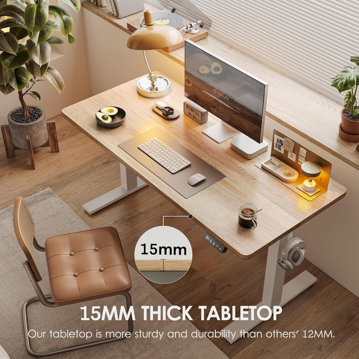 Electric Height Adjustable Standing Desk 47.2×23.6 Inch, Sit Stand Desk with Splice Board, Memory Controller, White Frame & Maple Top Computer Workstation for Home Office