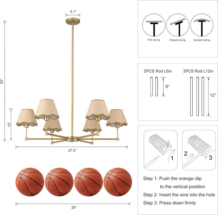 Farmhouse Rattan Chandelier Light Fixture, 6-Light Boho Chandeliers for Dining Room, Adjustable Rustic Pendant Light Large Modern Gold Hanging Lighting for Kitchen Island, Living Room
