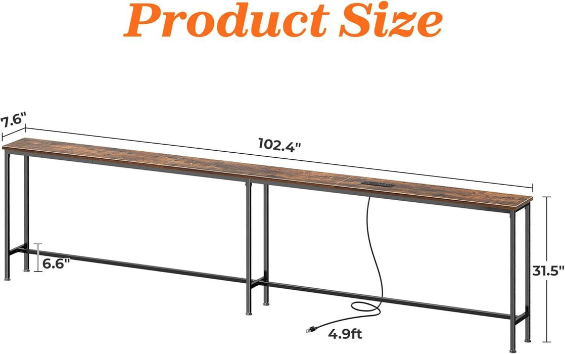 102.4 Inch Sofa Table with Power Outlets and USB-C Port, 5.9 Inch Narrow Console Tables, Entryway Hallway Couch Tables with Storage, behind Sofa, Small Spaces, Living Room, Rusitc Brown