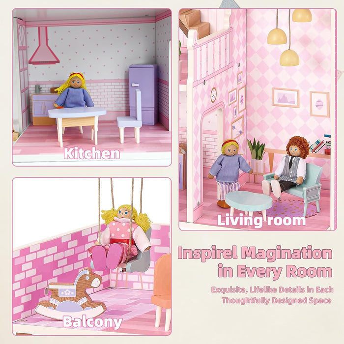 Wooden Dolls House for Toddlers Aged 3–5: Complete Set with Furniture, 4 Family Member Dolls, and a Pet Dog – Villa-Style Design for Indoor Play. Ideal Dollhouses for Children Aged 3 to 8