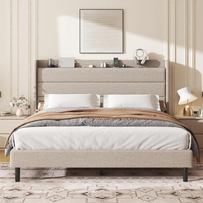 Full Linen Multifunctional Bed with Charging Station & Storage Headboard