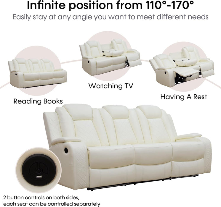 Power Recliner Sofa Set with LED Lights,Leather Reclining Sofa with USB Port/Wireless Charger/Storage Console/Cup Holder,Living Room Furniture Set for House/Home Theater(3 Piece Set,Creamy)