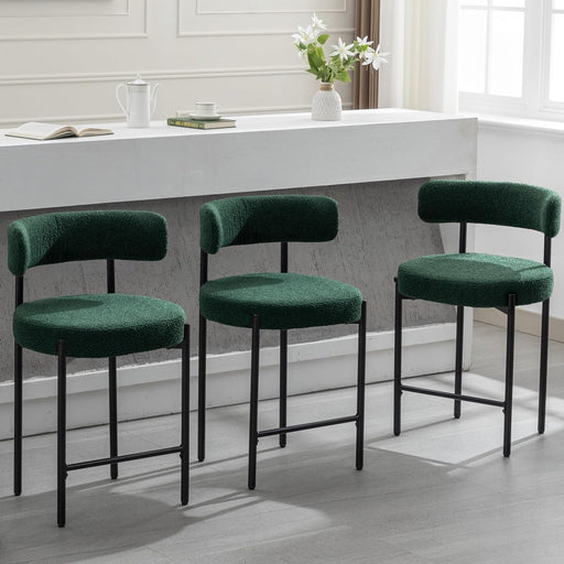 Counter Height Bar Stools, 24'' Green Bar Stools Set of 3, Boucle Barstools with Back, Mid-Century Modern Bar Chairs for Kitchen Island, Dining Room