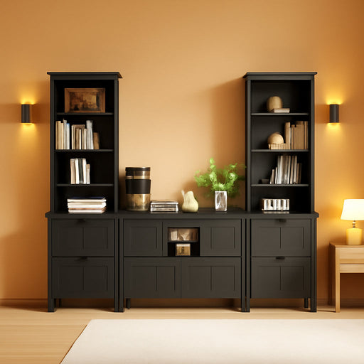 Farmhouse Lateral File Cabinet 2 Drawer and 71" Tall Bookcases Sets, 46" Filing Cabinets with Power Outlets & Storage Shelf, 3 Pcs Home Office Furniture Set, Black