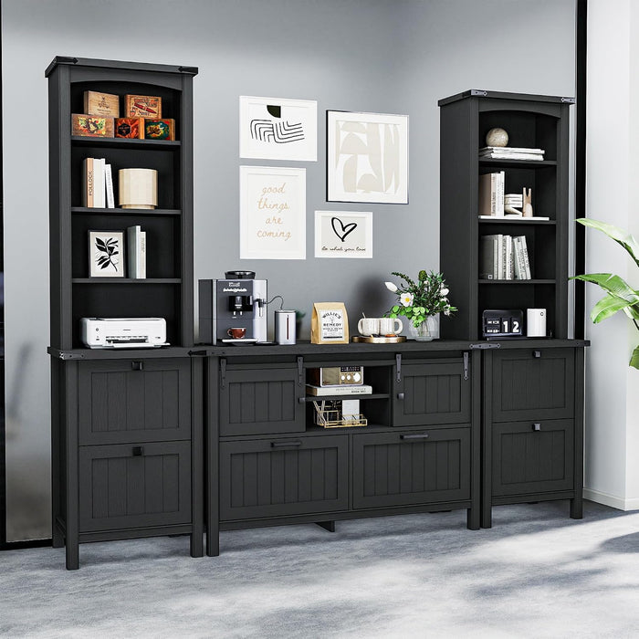 Farmhouse Lateral File Cabinet 2 Drawer and 71" Tall Bookcases Sets, 46" Filing Cabinets with Power Outlets & Storage Shelf, 3 Pcs Home Office Furniture Set, Black