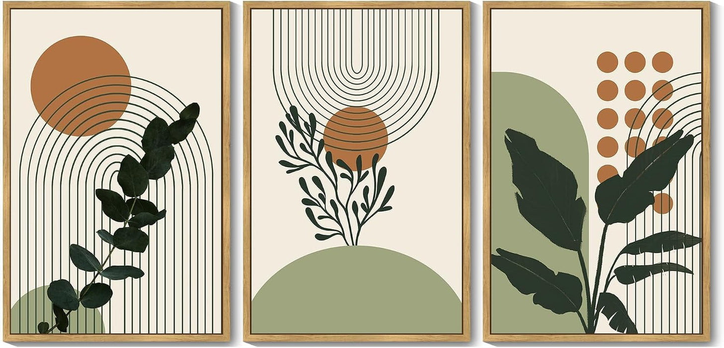 Boho Plant Wall Art Green Botanical Bohemain Framed Wall Printing 24X36In Abstract Canvas Prints with Leaf & Sun Lines Bedroom Living Room Decor - Natural Framed