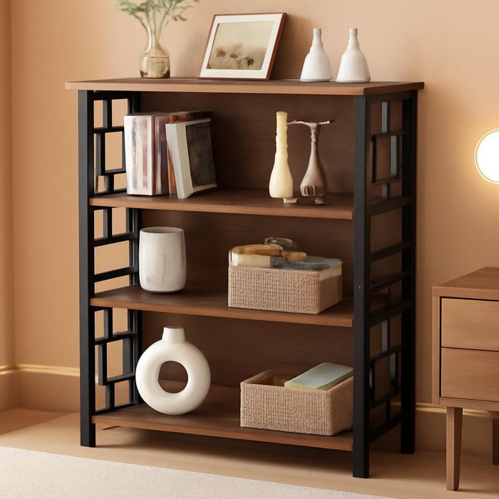 Book Shelf, 4 Tier Deep Bookshelf with Storage, Engineered Wood and Metal Shelf Bookcase, Low Short Bookcases for Small Space, Living Room, Bedroom, Office, Rustic Brown