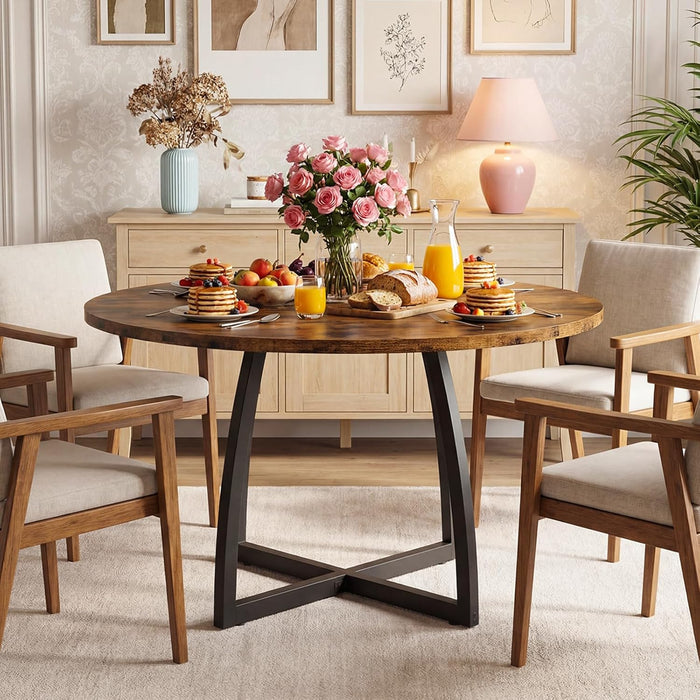 47.2-Inch round Dining Table for 4, Kitchen Dining Room Circle Dinner Pedestal Table, Farmhouse Kitchen Table with Retro Brown Tabletop, Curved Black Metal Legs, Easy Assembly TCZ13BFC1