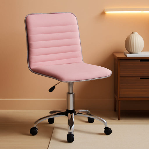Velvet Low Back Vanity Chair Armless Ribbed Office Chair Swivel Task Chair Height Adjustable Chair Apricot Pink