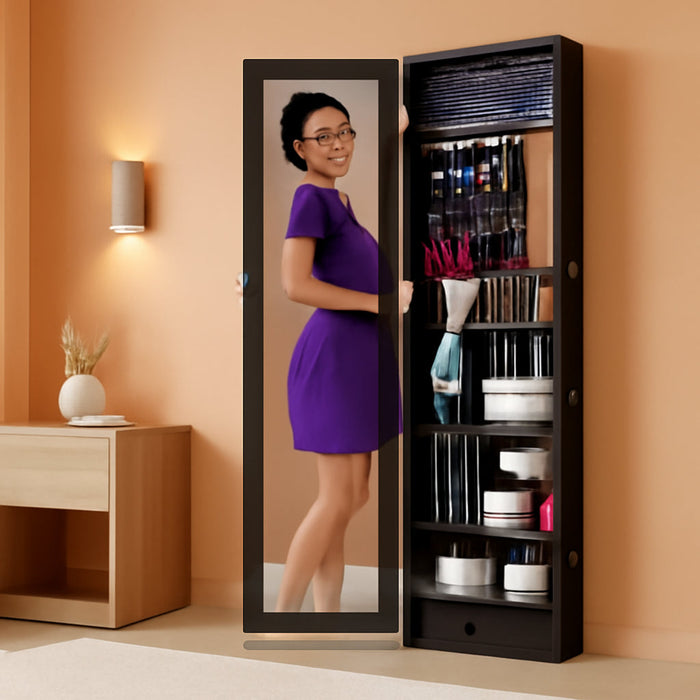 LED Mirror Jewelry Cabinet, Tall Lockable Wall or Door Mounted Jewelry Armoire Organizer with Mirror, 2 Drawers, Lock, Cosmetic Tray, Shelves - Espresso
