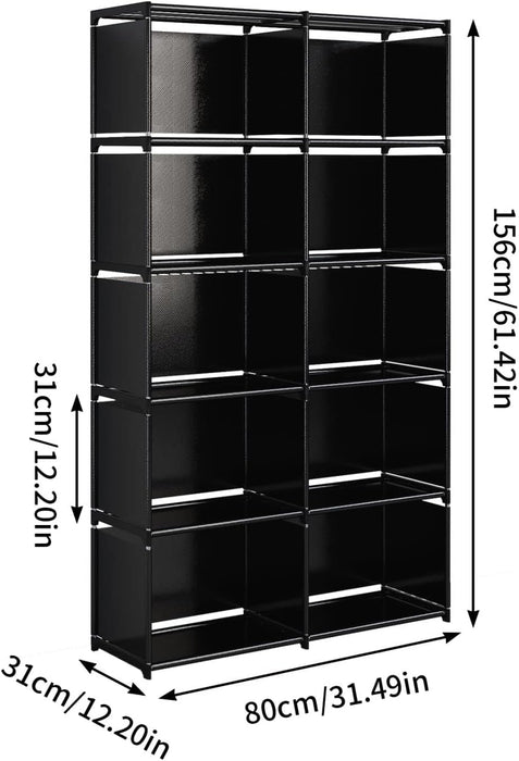 6-Tiers Portable Bookshelf with Fabric Cloth at Back, 10 Cube Closet Storage Organizer Bookcase, Living Room,Study Room,Bedroom, Black