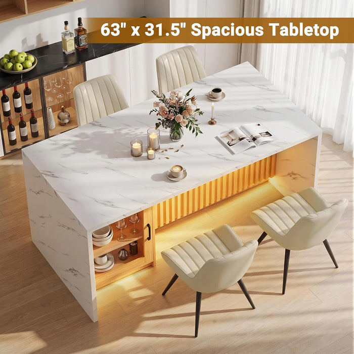 63 Inch Dining Table, Modern Kitchen Dining Room Table with Storage Cabinet, Faux Marble Tabletop and Fluted Wood Base, Rectangular Dining Table for 4-6 People