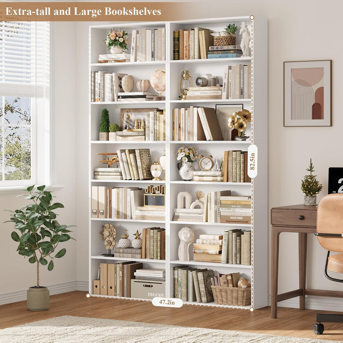 82" Tall Bookshelf Set of 2, 7-Tier Double Open Shelves Bookcase