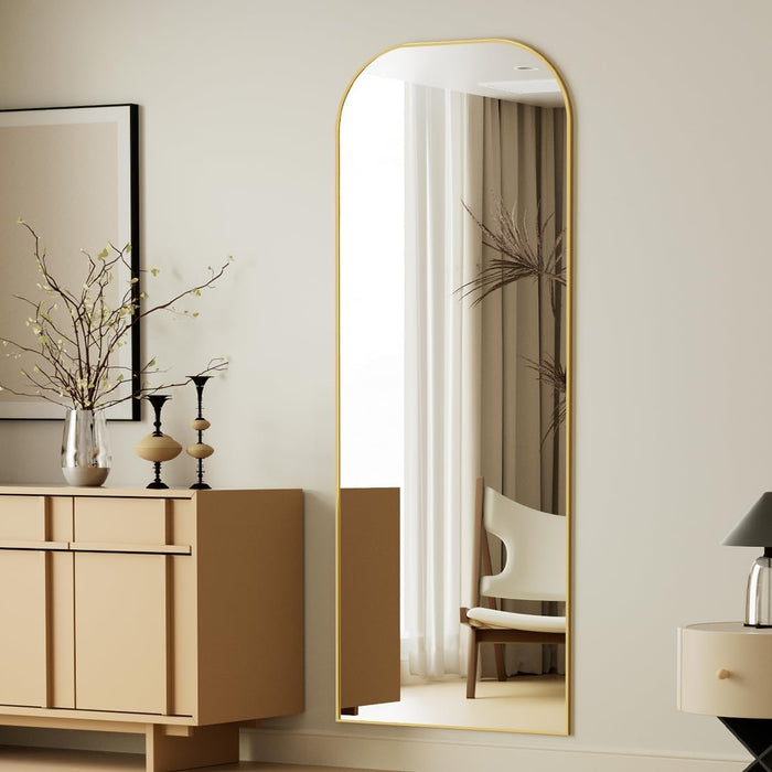 Full Length Mirror, 56"X21" Mirror Full Length with Stand, Gold Domed Top Square-Edged Floor Mirror with Aluminum Alloy Frame for Bedroom Living Room