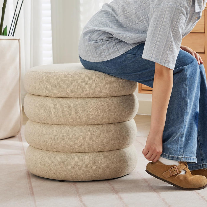 round Storage Ottoman, 20" Small Ottomans Table with Removable Lid, Linen Fabric Soft Footrest Stools for Couch, Upholstered Stuffed Circle Seat for Living Room/Bedroom/Dorm/Vanity, Beige