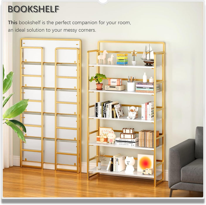 No Assembly Extra Wide 5 Tier Folding Bookshelf Tall Storage Shelves Vintage Bookcase Standing Racks for Bedroom Living Room Home Office