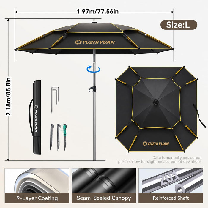 Patio Umbrella with Exclusive Black Coating, 7.2Ft/7.8Ft Heavy-Duty Double-Layer Nylon Canopy, Adjustable Tilt Sun Shade Outdoor Table Umbrella, UV Protection & Carry Bag for Beach, Fishing, Backyard