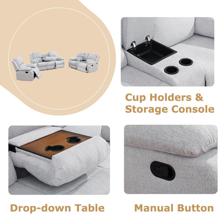 Manual Reclining Couch Sofa Set with Drop-Down Table, 3 Pieces Grey White Linen Recliner Couch Sets, Living Room Furniture Sets, Recliner Sofa with Storage Console/Cup Holder for Home