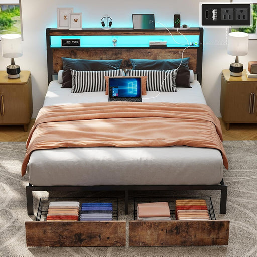 Full Size Bed Frame with Storage, LED Wood Bed Platform with Headboard, 2 Drawers, Charging Station, No Box Spring Needed, Metal Support Base, Vintage Brown