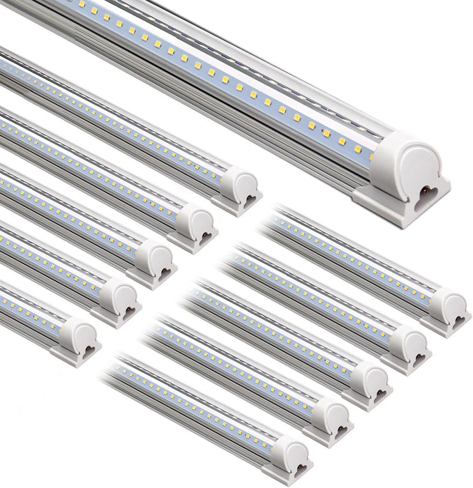 8FT LED Shop Light, 72W 9000LM 6500K, Clear Cover Linkable LED Tube Lights, Integrated T8 Light Fixture, V Shape LED Ceiling Lights for Garage, Warehouse, Workshop, 10 Pack