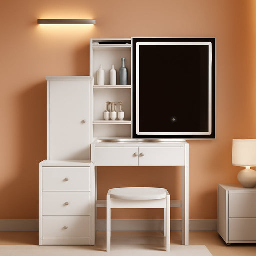 Vanity Desk Set with Sliding Lighted Mirror, Makeup Dressing Table with 4 Drawers & 9 Storage Spaces, Hidden Compartments and Cushioned Stool for Bedroom, White