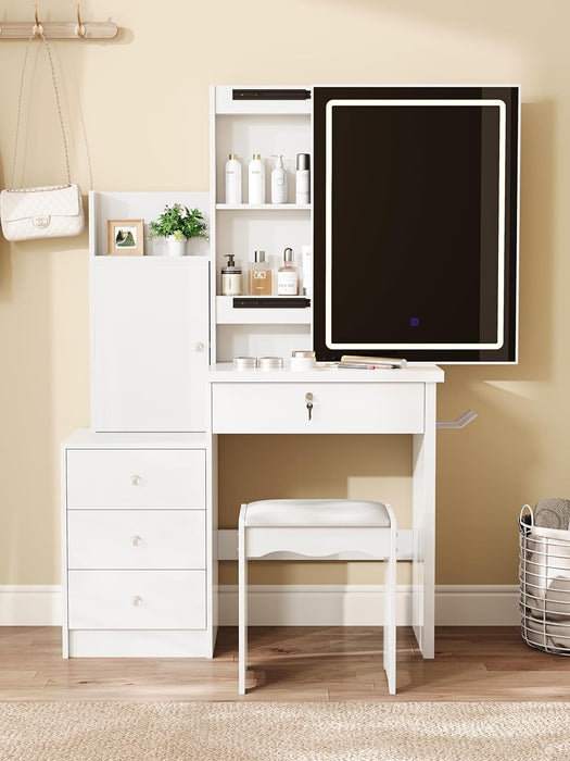 Vanity Desk Set with Sliding Lighted Mirror, Makeup Dressing Table with 4 Drawers & 9 Storage Spaces, Hidden Compartments and Cushioned Stool for Bedroom, White
