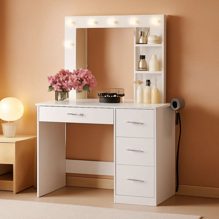 Vanity Desk with LED Lighted Mirror&Power Outlet, Makeup Vanity Table with 4 Drawers, 3 Open Storage Shelves, and 3 Color Modes, for Bedroom (Pure White)