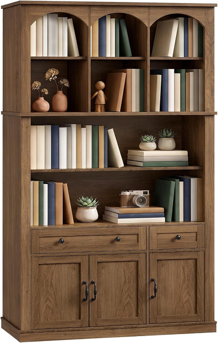 73.2" Tall Farmhouse Arched Bookshelf with Drawer and Door, 6 Tier