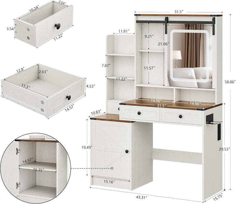 Brown Farmhouse Vanity Desk With Illuminated Mirror