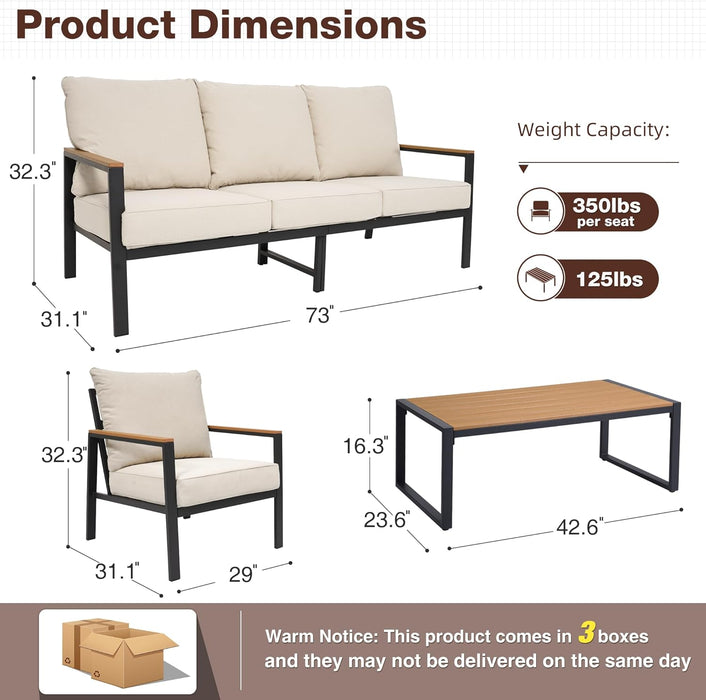 Patio Furniture Set, 4 Pieces Outdoor Furniture Patio Conversation Set with High Back, Faux-Wood Armrest and Tabletop, Outdoor Couch Patio Sofa Set for Balcony, Porch, Backyard, Beige