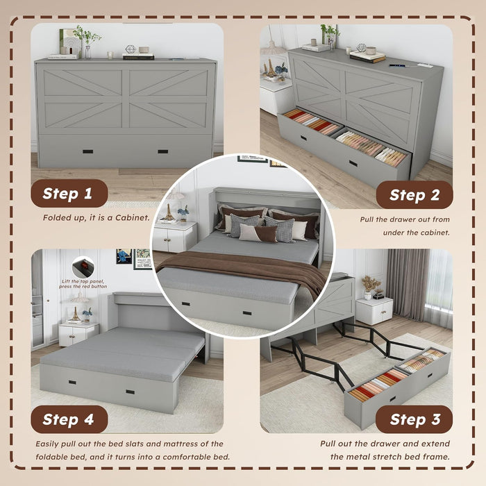 57" Full Murphy Bed W/Charging Station, Mattress & Drawers, Wall Cabinets Murphy Storage Bed W/Foldable Panels & Swivel Wheels for Bedroom/Guest Room/Living Room