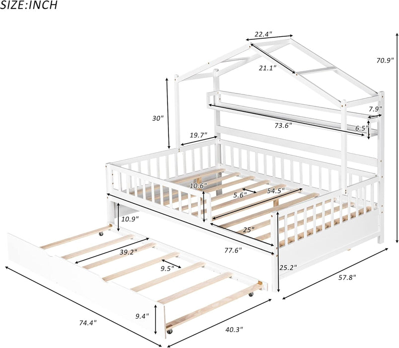FullSize White Wooden Playhouse Trundle Bed Storage