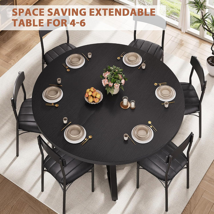 Expandable Kitchen Dining Table for 4-6, Oval round Dining Table with Storage Shelf and Removable Extension Leaf, Space Saving Pedestal Table for Dining Room, Modern Industrial Style (Black)