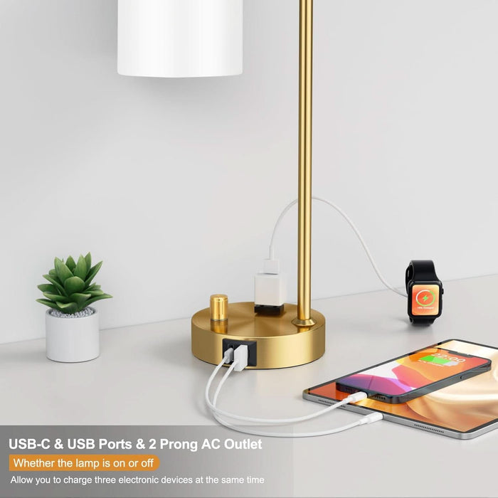 Gold Lamp for Bedroom - Industrial Bedside Table Lamp with USB Port and Outlet, Fully Dimmable Nightstand Lamp with Opal Glass Shade, Small Desk Lamps for Home Office