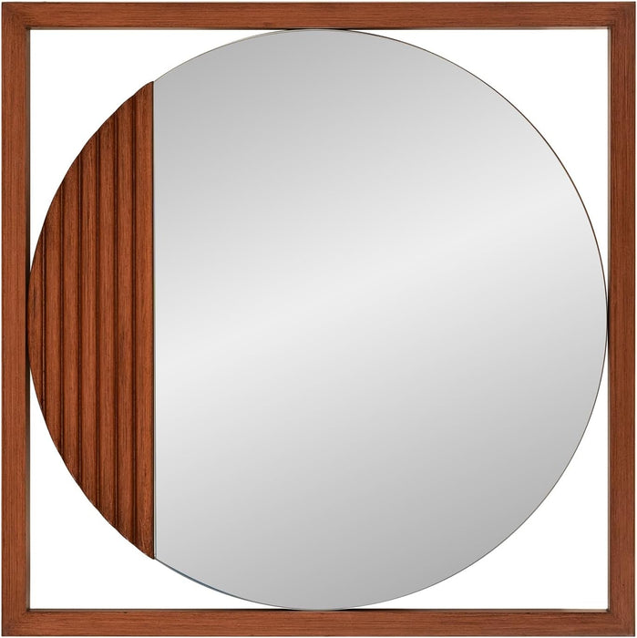 Dirken Hanging round Wall Mirror, Modern Geometric Style Mirror with Square Wooden Frame and Brown Finish for Living Room, Entryway and Bathroom, 20 X 20 Inch