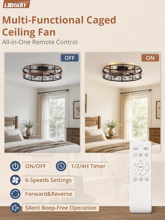 26" Flush Mount Caged Ceiling Fan with Light and Remote, Black Gold